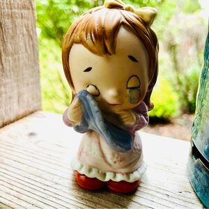 Vintage Porcelain Girl Child  Holding Blanket with Single Teardrop on Cheek